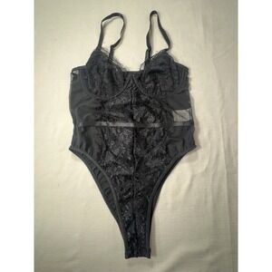 SMALL Womens Black Lace Sheer Bodysuit Lingerie. One Piece Bra & Panties Snaps